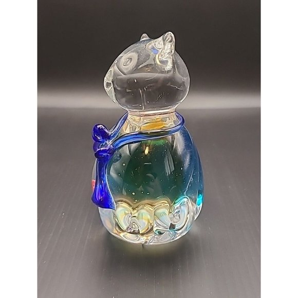 Vintage Clear‎ And Swirl Glass Cat Gold Fish Bowl Blue Paperweight Figure  4 In - Picture 5 of 10